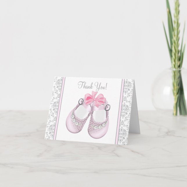 Rosa och grå Damask-mönstrade tackkort för baby sh (Framsida)