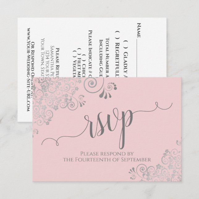 Rosa och grå elegant kalligrafi spetsigt bröllop OSA kort (Fram/baksida)