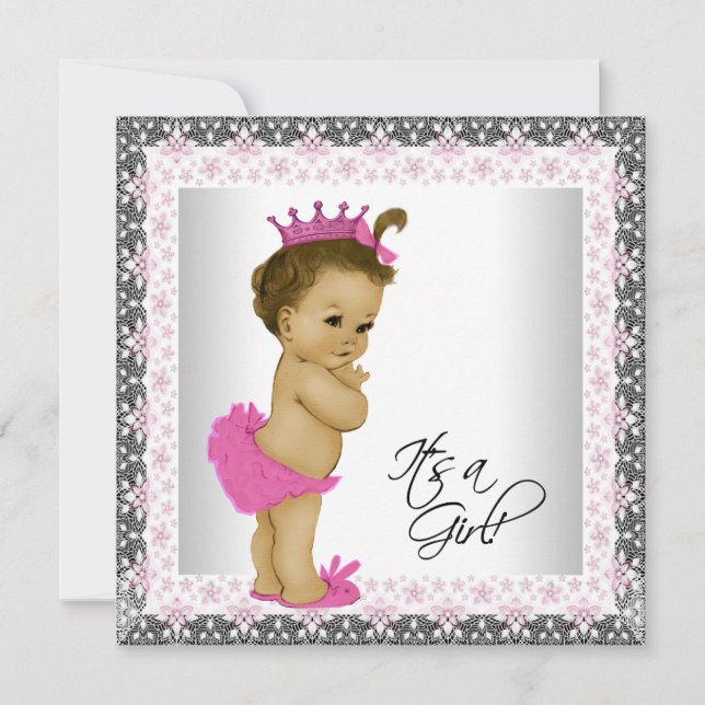 Rosa och grå etniskt babyflicka-babyshower inbjudningar (Framsida)