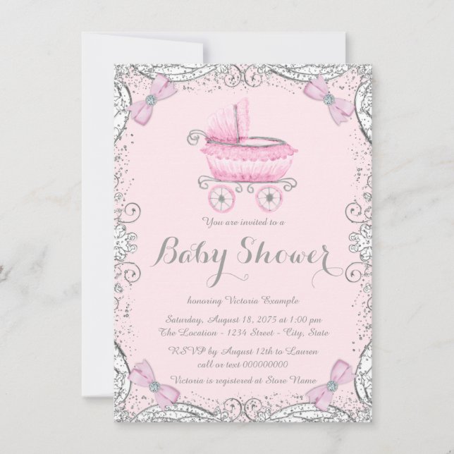 Rosa och grå glitter vagga baby shower inbjudningar (Framsida)