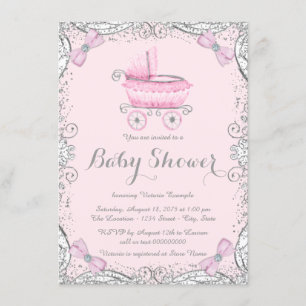 Rosa och grå glitter vagga baby shower inbjudningar