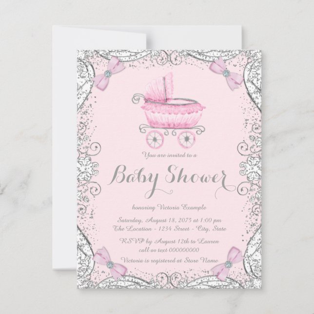 Rosa och grå glitter vagga baby shower inbjudningar (Framsida)