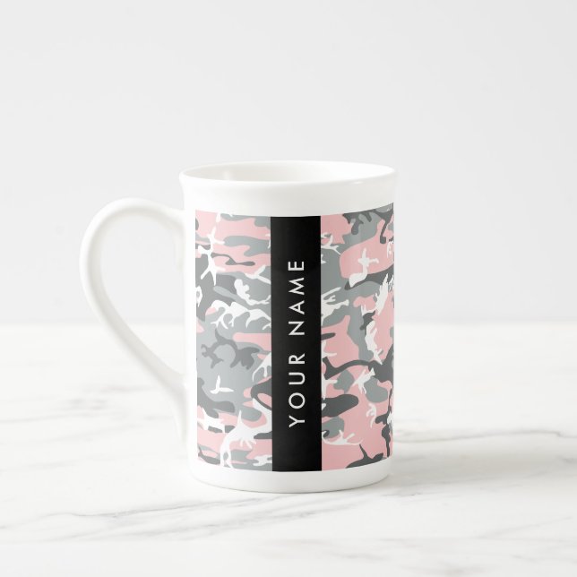 Rosa och grå kamouflage Ditt namn Anpassa Benporslin Mugg (Vänster)
