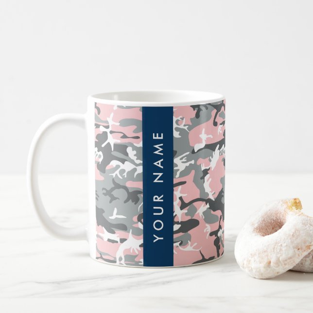 Rosa och grå kamouflage Ditt namn Anpassa Kaffemugg (Med munk)