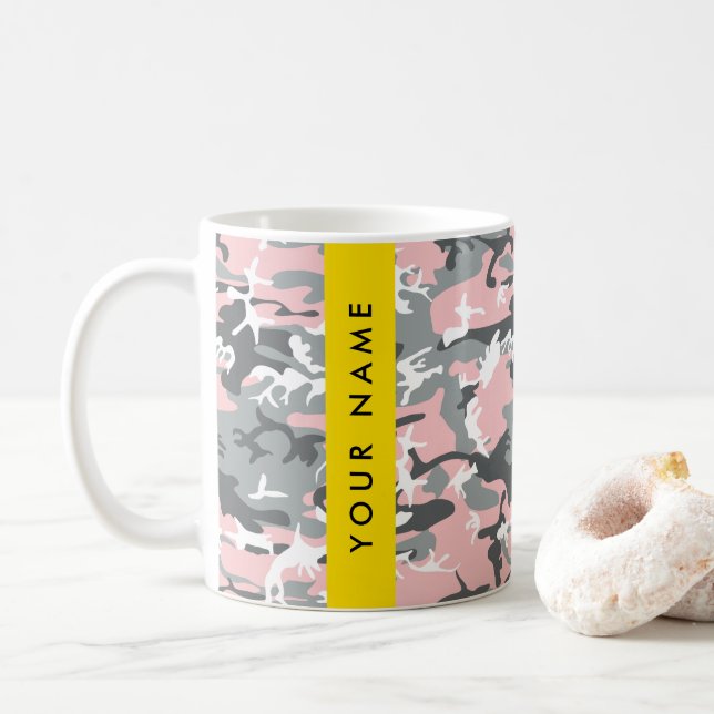Rosa och grå kamouflage Ditt namn Anpassa Kaffemugg (Med munk)