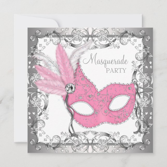 Rosa och grå maskeradfest inbjudningar (Framsida)