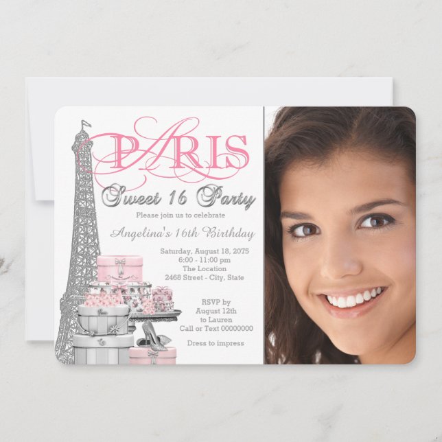 Rosa och grå Paris Sweet 16 födelsedagsfest Inbjudningar (Framsida)