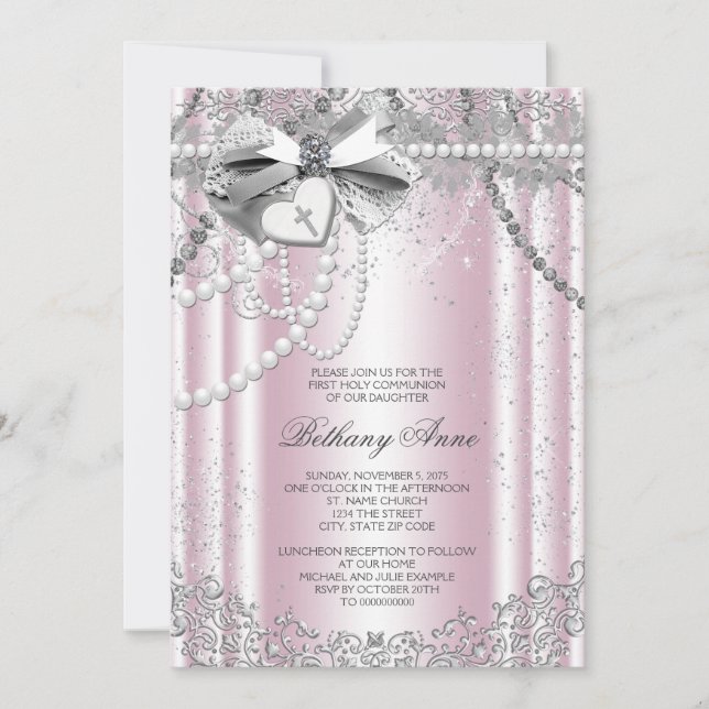 Rosa och grå pärlor första kommunion inbjudningar (Framsida)