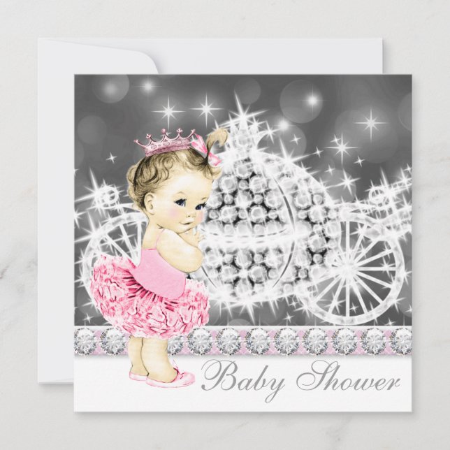 Rosa och grå prinsessballerina tutu baby shower inbjudningar (Framsida)