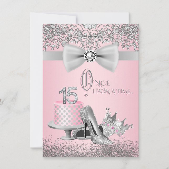 Rosa och grå Quinceañera Inbjudningar (Framsida)