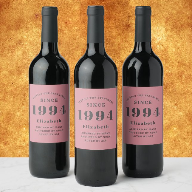 Rosa och Grått 30års födelsedag 1994 Fotomall Vinflaska Etikett (Pink and grey personalized 30th birthday wine labels. Change text name and year for a unique design.)