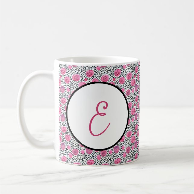 Rosa och grått akvarell blommigt mönster monogram kaffemugg (Vänster)