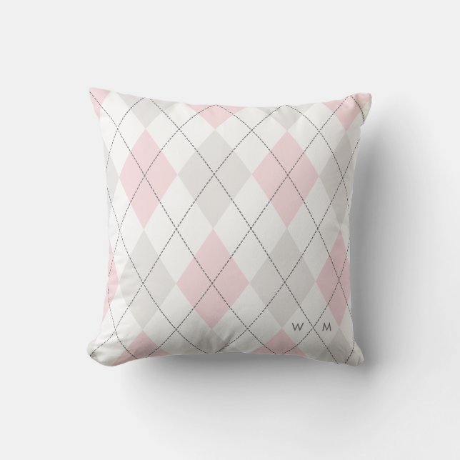 Rosa och Grått Argyle Mönster Monogram Pillow Kudde (Framsida)
