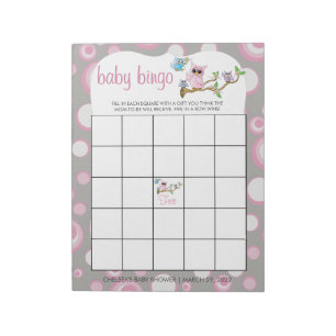Rosa och Grått Baby Uggla Visningsspel för bingo Anteckningsblock