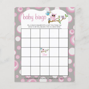 Rosa och Grått Baby Uggla   Visningsspel för bingo Flygblad