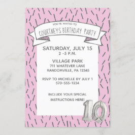 Rosa och Grått Balloon Girls 10:e Födelsedagsfeste Inbjudningar