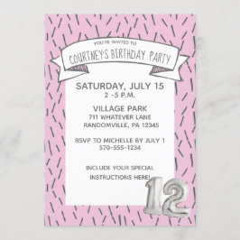 Rosa och Grått Balloon Girls 12:e Födelsedagsfest Inbjudningar