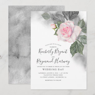 Rosa och Grått Blommigt Vattenfärg Elegant bröllop Inbjudningar