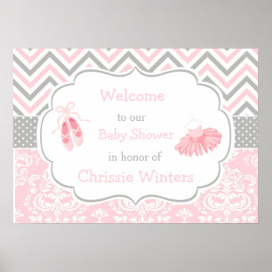 Rosa och Grått Chevron Ballerina Baby Shower Poster