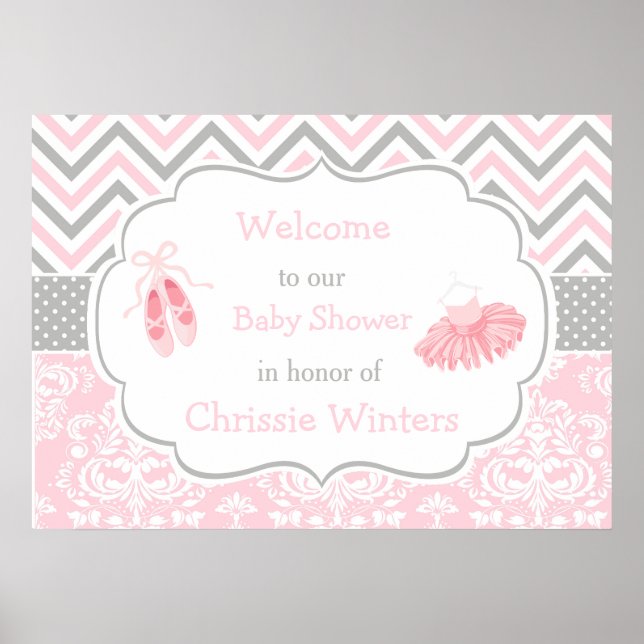 Rosa och Grått Chevron Ballerina Baby Shower Poster (Framsidan)