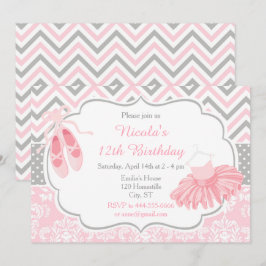 Rosa och Grått Chevron Ballerina Birthday Inbjudningar