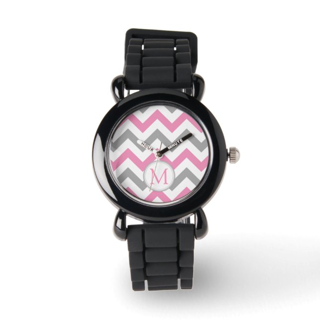 Rosa och Grått Chevron med Monogram Armbandsur (Framsida)