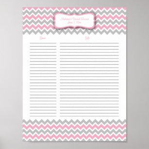 Rosa och Grått Chevron Shower Gift List Poster