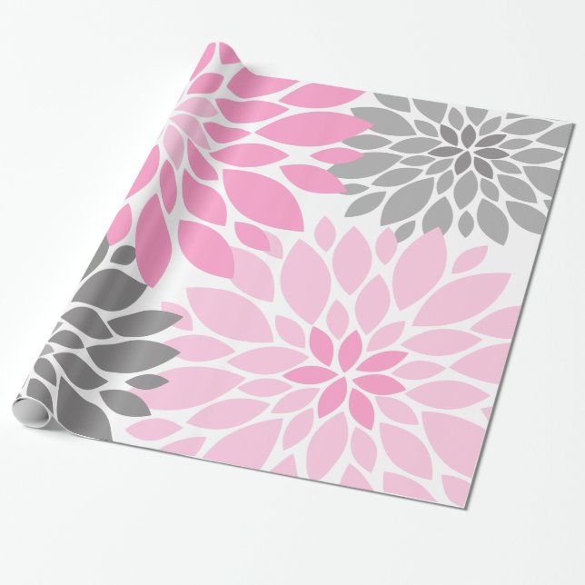 Rosa och Grått Chrysanthemums Blommönster Presentpapper (Utrullad)