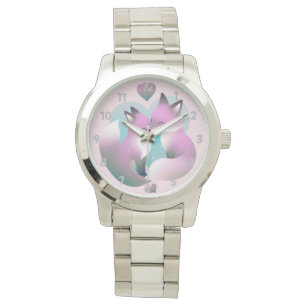 Rosa och Grått Cute Foxes Kissing Valentine Armbandsur