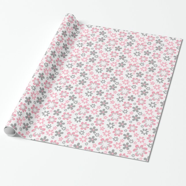 Rosa och Grått Daisys Blommigt Craft Gift Wrap Presentpapper (Utrullad)