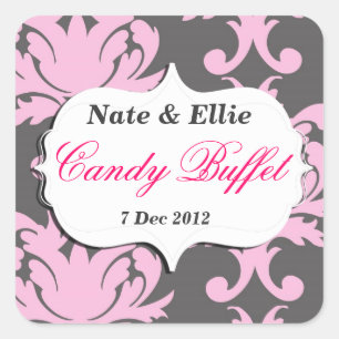 Rosa och Grått Damask Candy Buffet Sticker Fyrkantigt Klistermärke