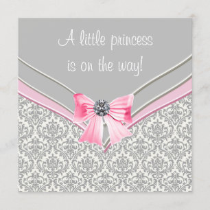 Rosa och Grått Damask Rosa Bow Princess Baby Showe Inbjudningar