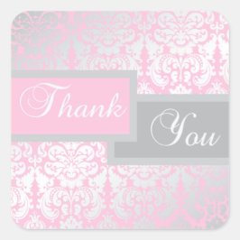 Rosa och Grått Damask-Tack Fyrkantigt Klistermärke
