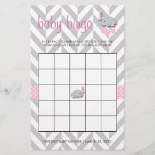 Rosa och Grått Elephant Baby Shower Bingo Brevpapper