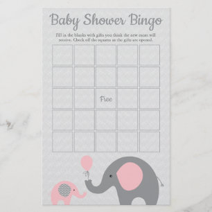 Rosa och Grått Elephant Baby Shower Bingo Game Car Flygblad