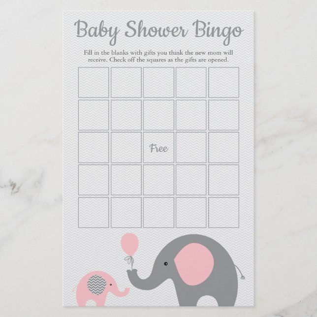 Rosa och Grått Elephant Baby Shower Bingo Game Car Flygblad (Framsidan)