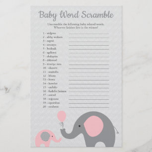 Rosa och Grått Elephant Baby Shower Ord Scramble Flygblad