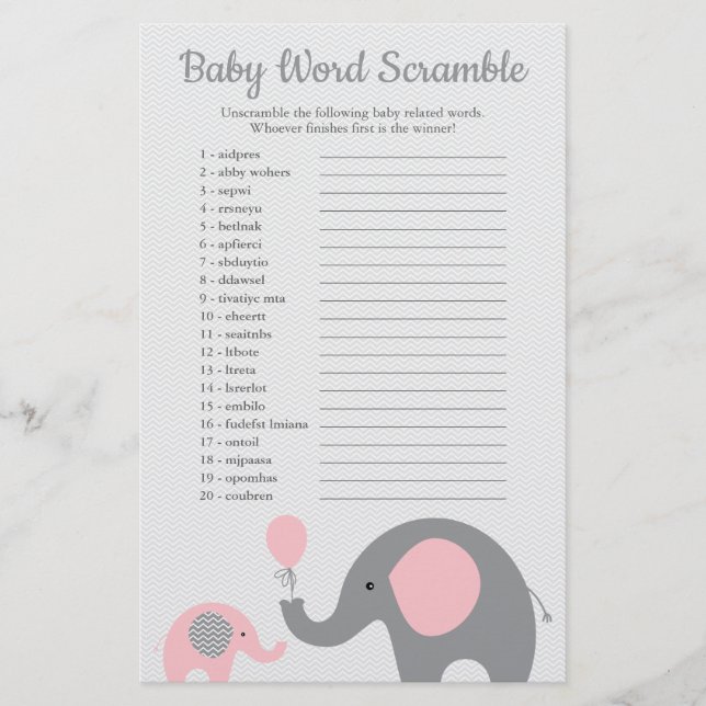 Rosa och Grått Elephant Baby Shower Ord Scramble Flygblad (Framsidan)