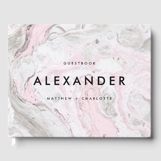 Rosa och Grått Faux Marble Modern Bröllop Photo Gästböcker (Framsida)