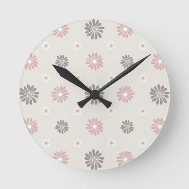 Rosa och Grått Flowers Rund Klocka (Framsida)