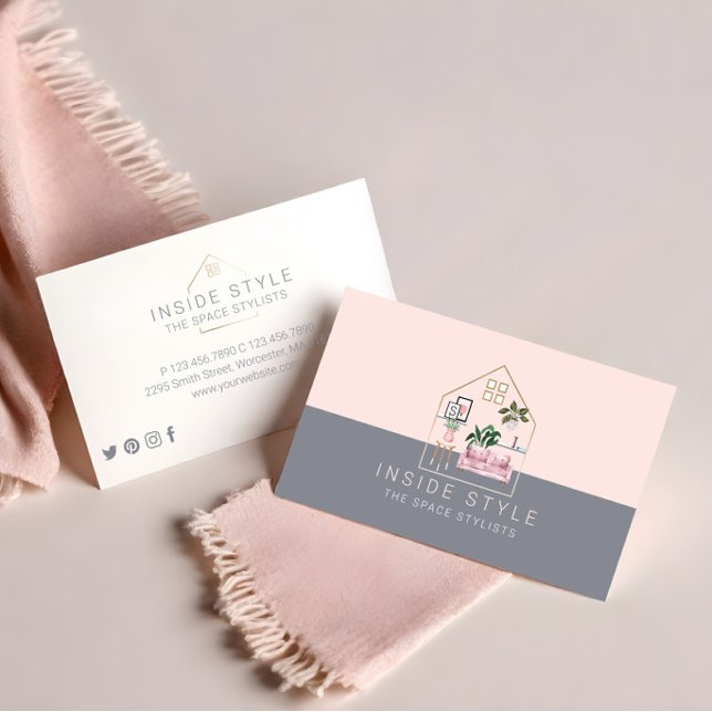 Rosa och Grått för hemmagasinering av möbler, Snyg Visitkort (Furniture Decor Stylish Home Staging Pink & Grey Business Card)