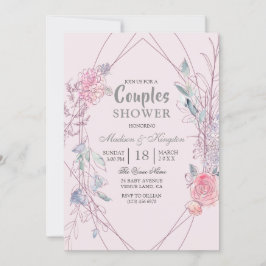 Rosa och Grått Geometrisk Blommigt Utandning Par D Inbjudningar