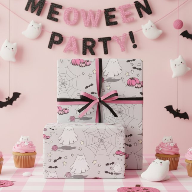 Rosa och Grått Halloween Cute Cat Ghost Presentpapper (Cute Kitten Ghost Halloween Wrapping Paper for Kids. Cat Ghosts, Pink Pumpkins, Bats, Stars & Webs.)