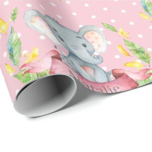 Rosa och Grått i Personlig Namn Elefant Flicka Presentpapper