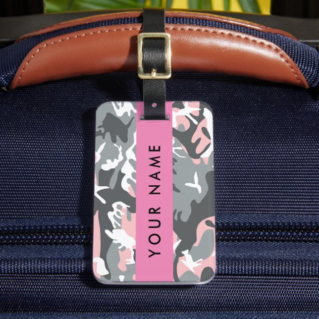 Rosa och Grått-kamouflage Ditt namn anpassar sig Bagagebricka (Framsida Insitu 2)