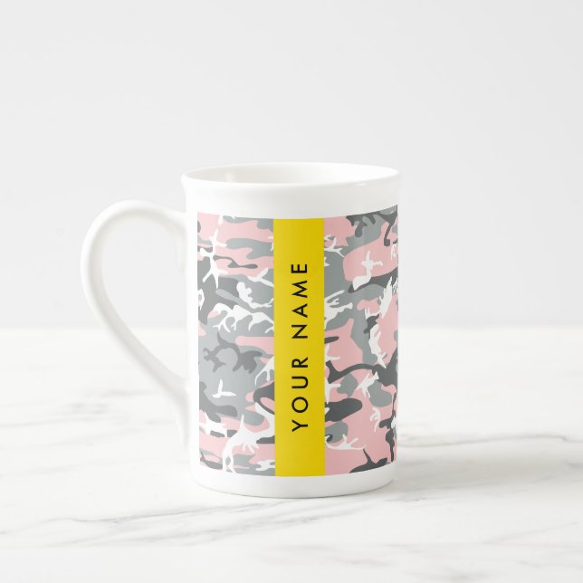 Rosa och Grått-kamouflage Ditt namn anpassar sig Benporslin Mugg (Vänster)