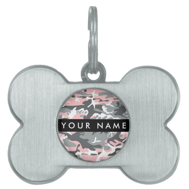 Rosa och Grått-kamouflage Ditt namn anpassar sig ID-bricka Husdjur (Framsidan)