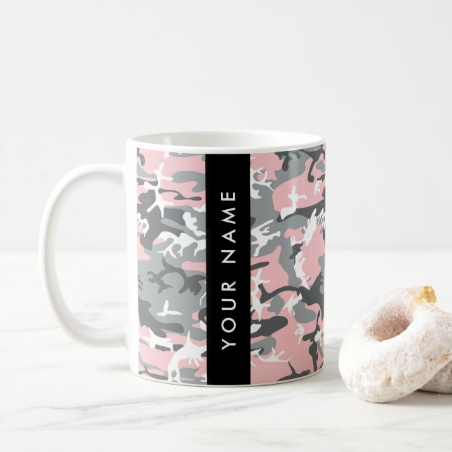 Rosa och Grått-kamouflage Ditt namn anpassar sig Kaffemugg (Med munk)