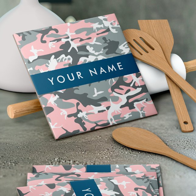 Rosa och Grått-kamouflage Ditt namn anpassar sig Kakelplatta (Skapare uppladdad)