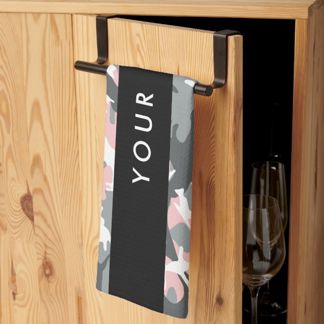 Rosa och Grått-kamouflage Ditt namn anpassar sig Kökshandduk (Thirds Fold)